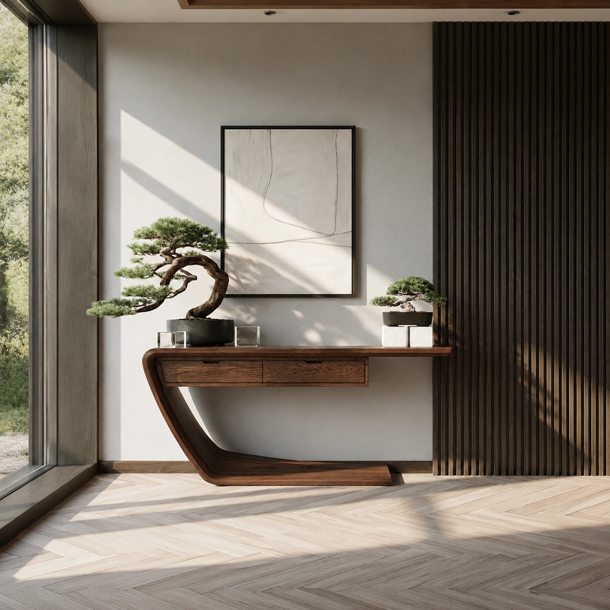 Floating Curve Natural Solid Wood Console Table with Dual Drawers