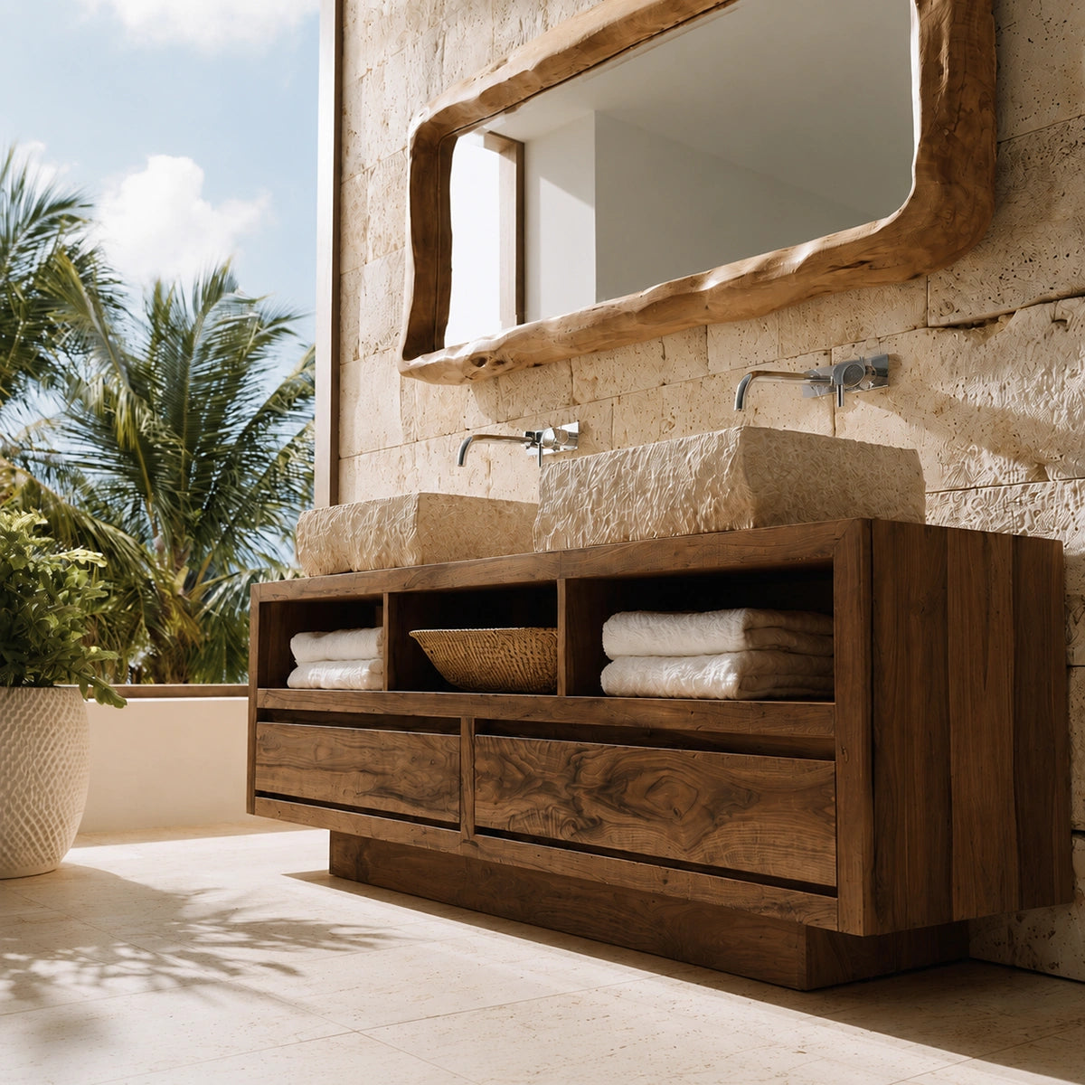 Natural Solid Wood Bathroom Vanity with 2 Drawers and 3 Open Shelves