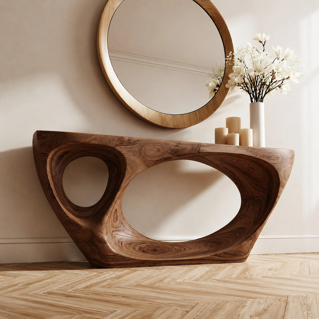 Organic Void Natural Solid Wood Console Table with Sculptural Open Base