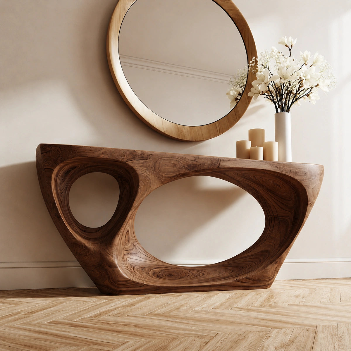 Organic Void Natural Solid Wood Console Table with Sculptural Open Base