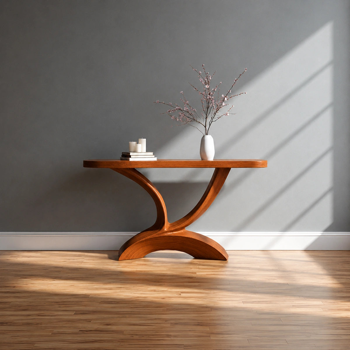 Sculptural Natural Solid Wood Console Table with Curved Pedestal Base