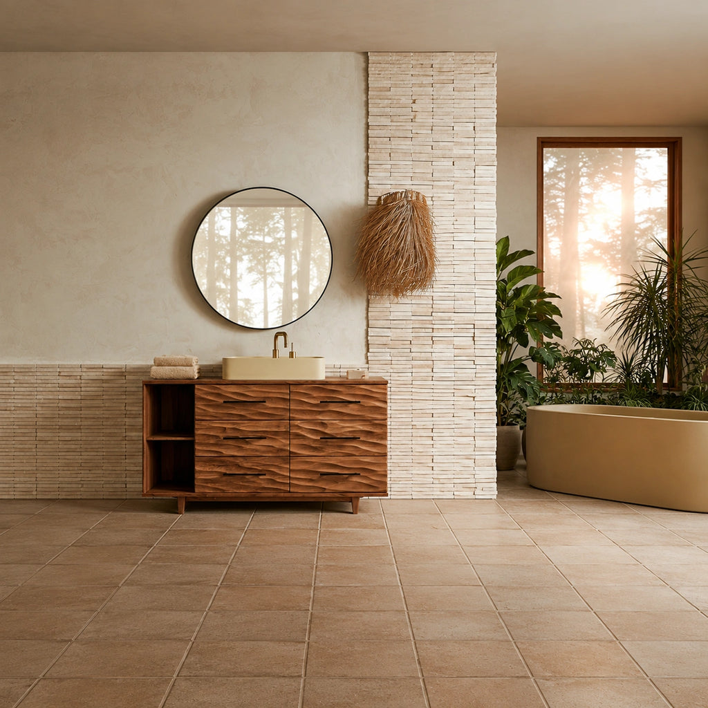 Natural Solid Wood Bathroom Vanity with 6 Drawers and Side Open Shelves
