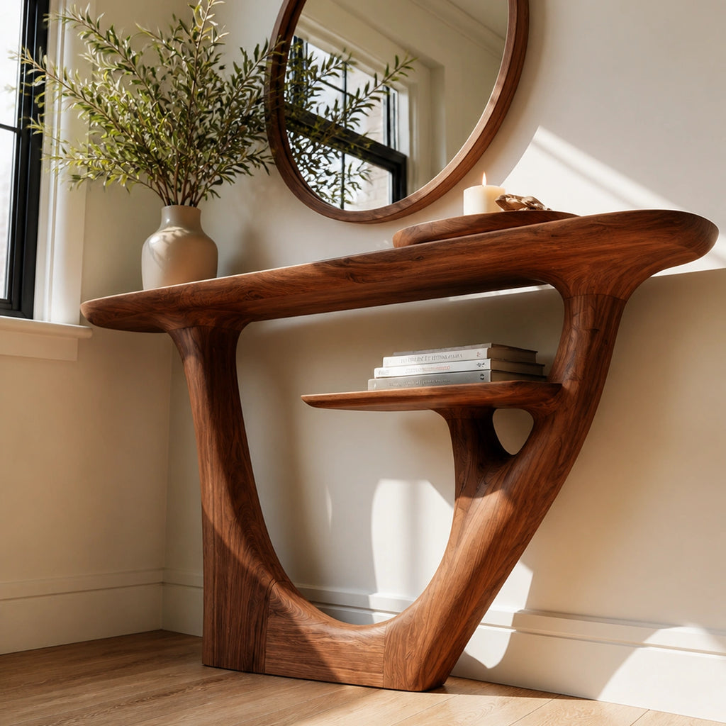 Natural Solid Wood Console Table with Sculptural Open Frame and Display Shelf