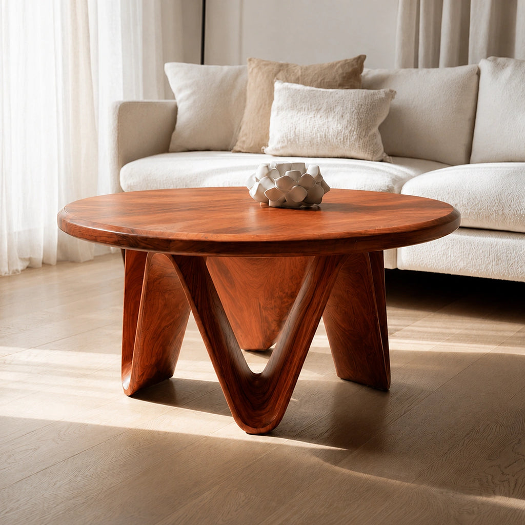 Natural Solid Wood Round Coffee Table with Sculptural V-Shaped Legs