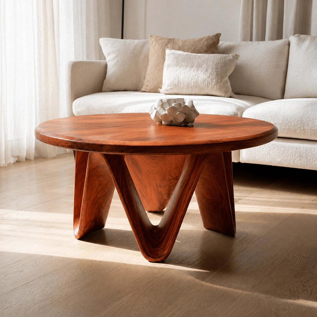 Natural Solid Wood Round Coffee Table with Sculptural V-Shaped Legs