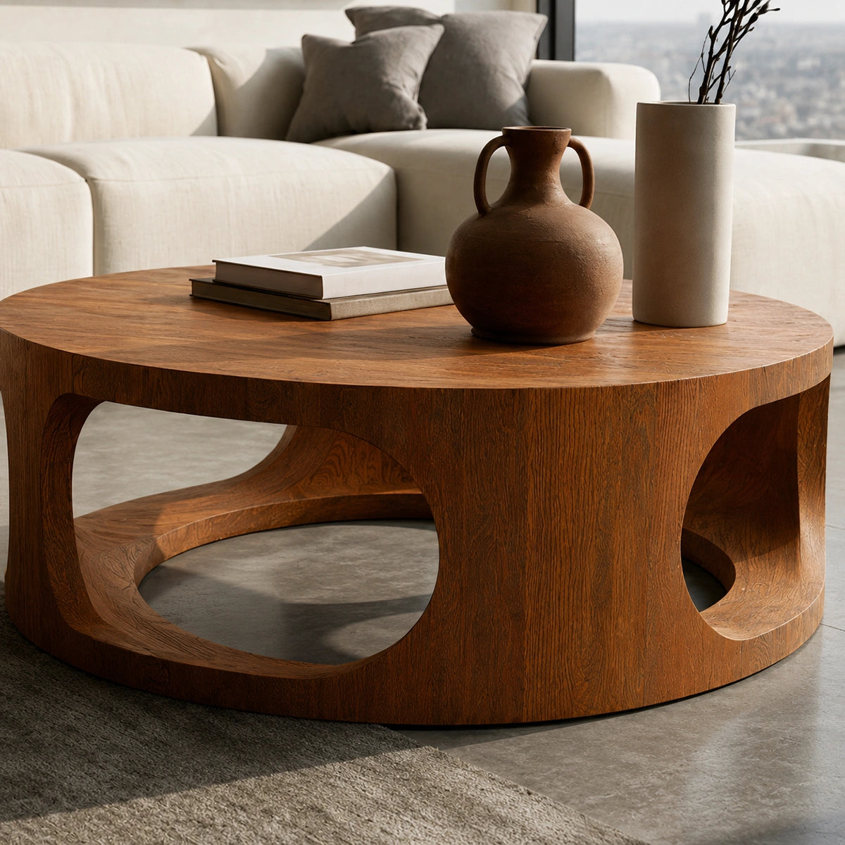 Natural Solid Wood Round Coffee Table – Sculptural Modern Style