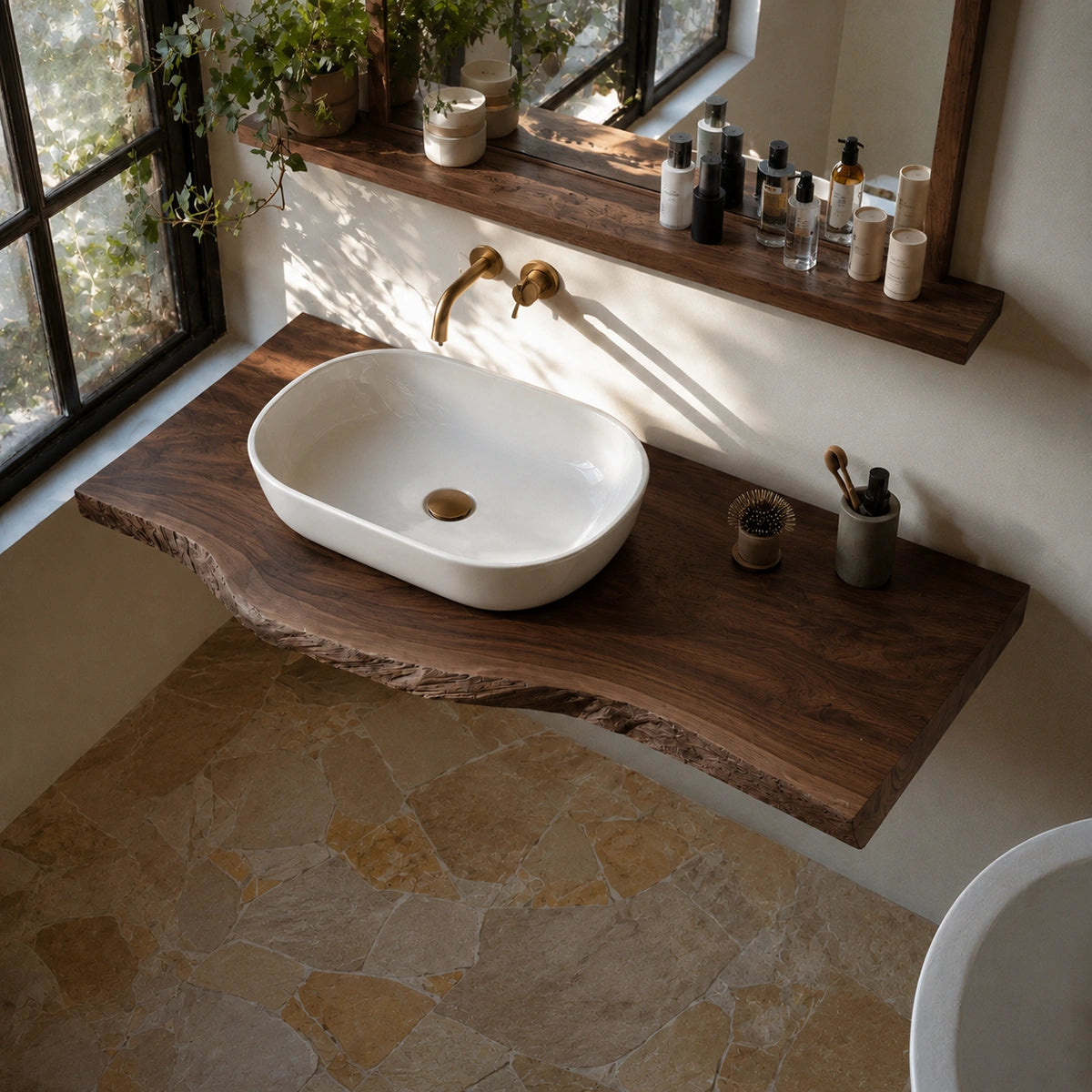 Natural Solid Wood Floating Bathroom Vanity with Sculptural Live Edge Top
