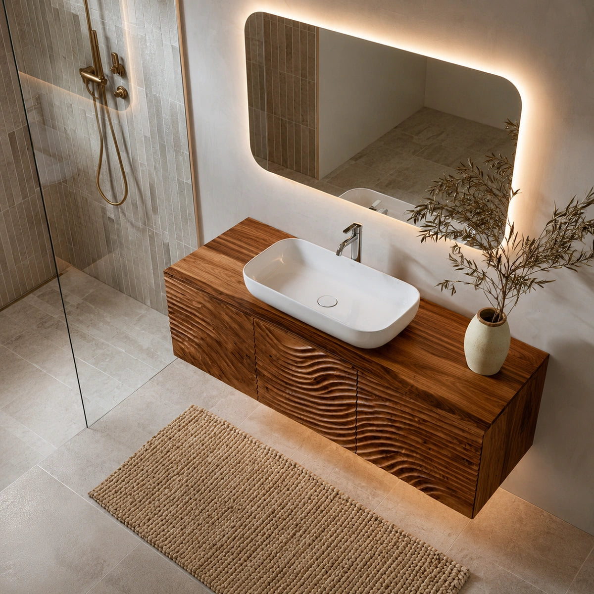Natural Solid Wood Bathroom Cabinet – Sculpted Wave Modern Style