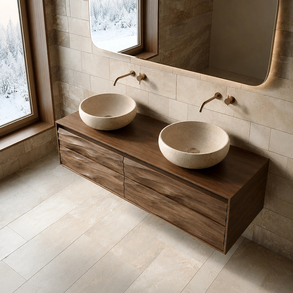 Natural Solid Wood Floating Double Bathroom Vanity with 4 Sculpted Drawers