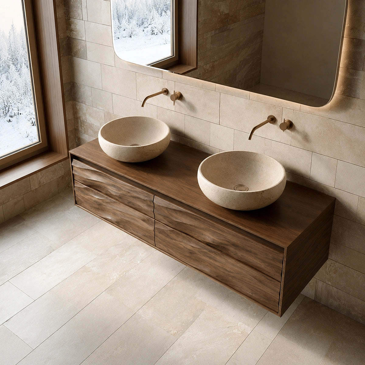 Natural Solid Wood Floating Double Bathroom Vanity with 4 Sculpted Drawers