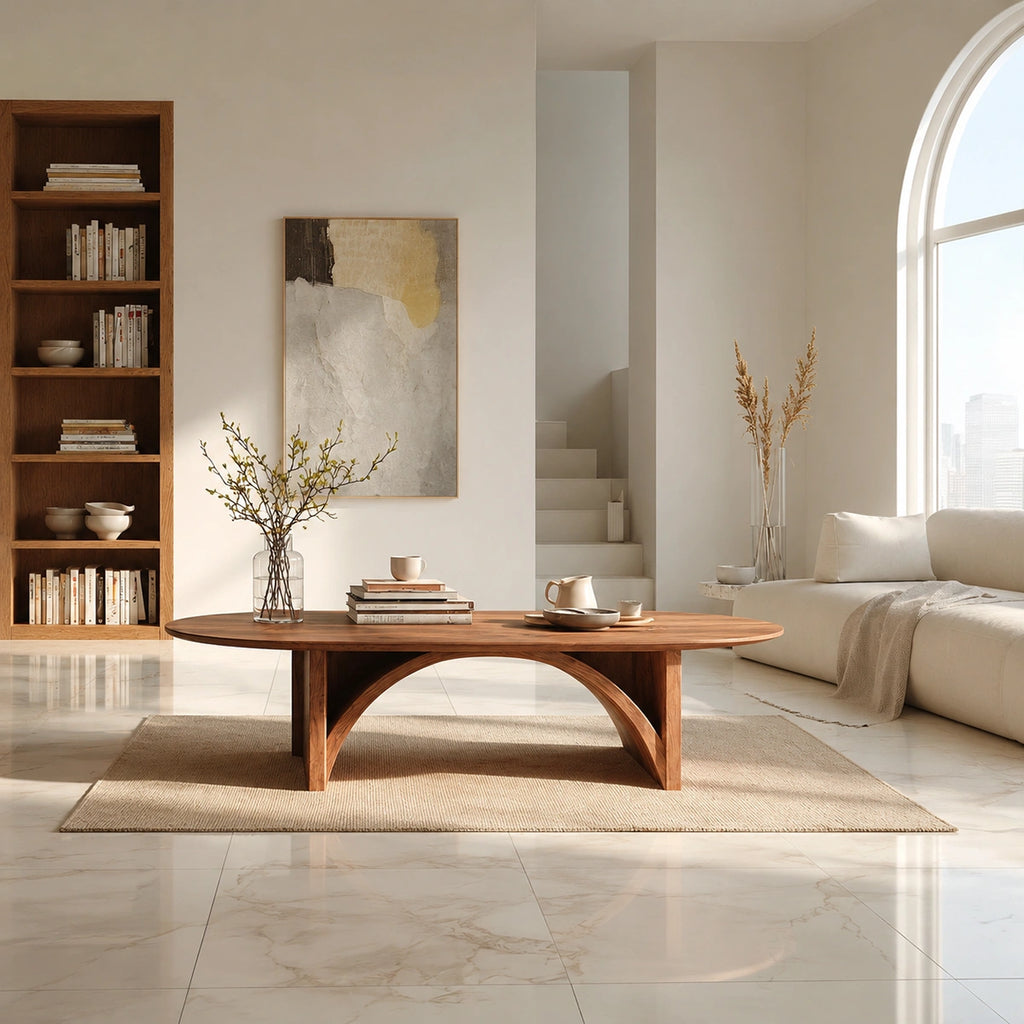 Natural Solid Wood Oval Coffee Table with Sculptural Arch Base
