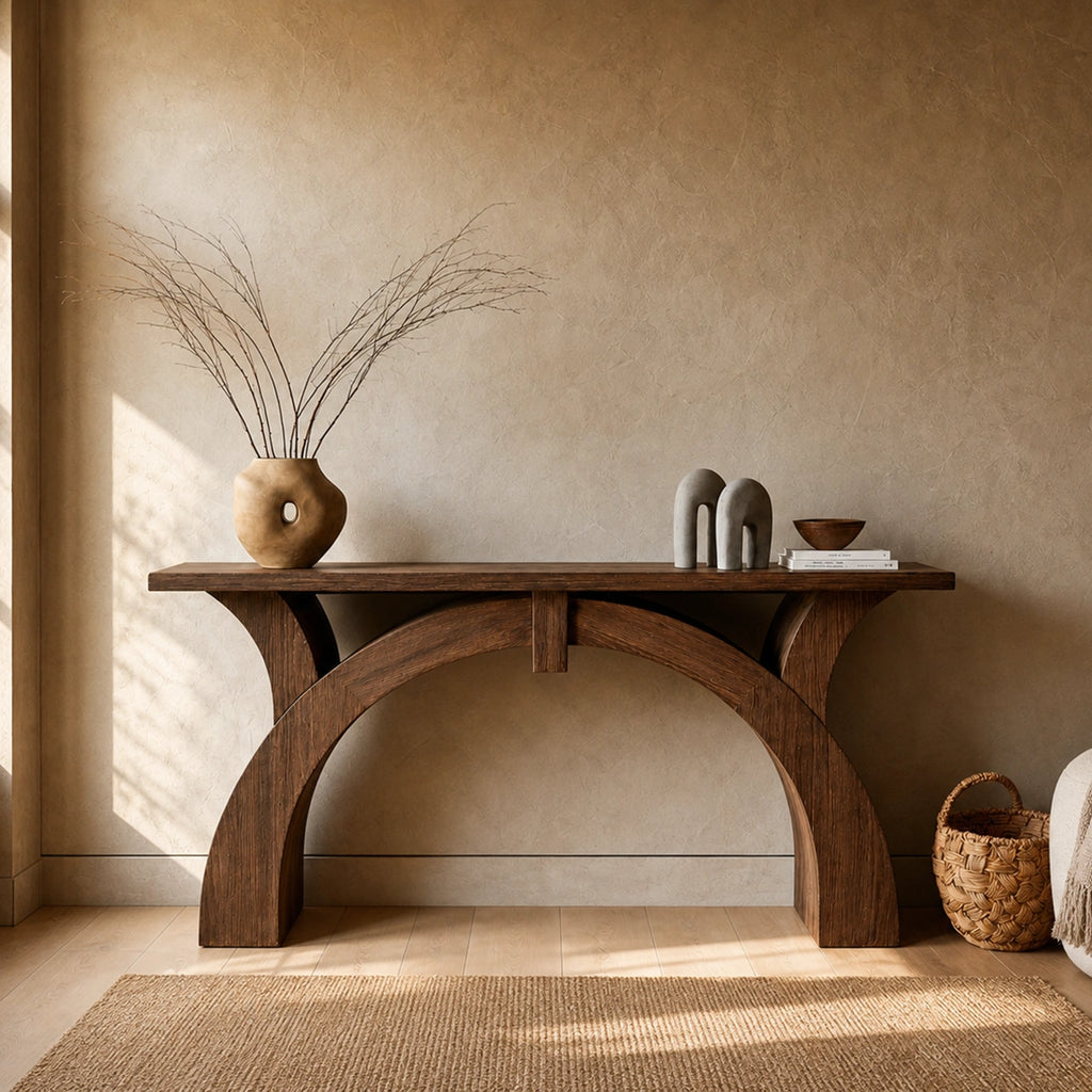 Arched Natural Solid Wood Console Table for Entryway and Hallway