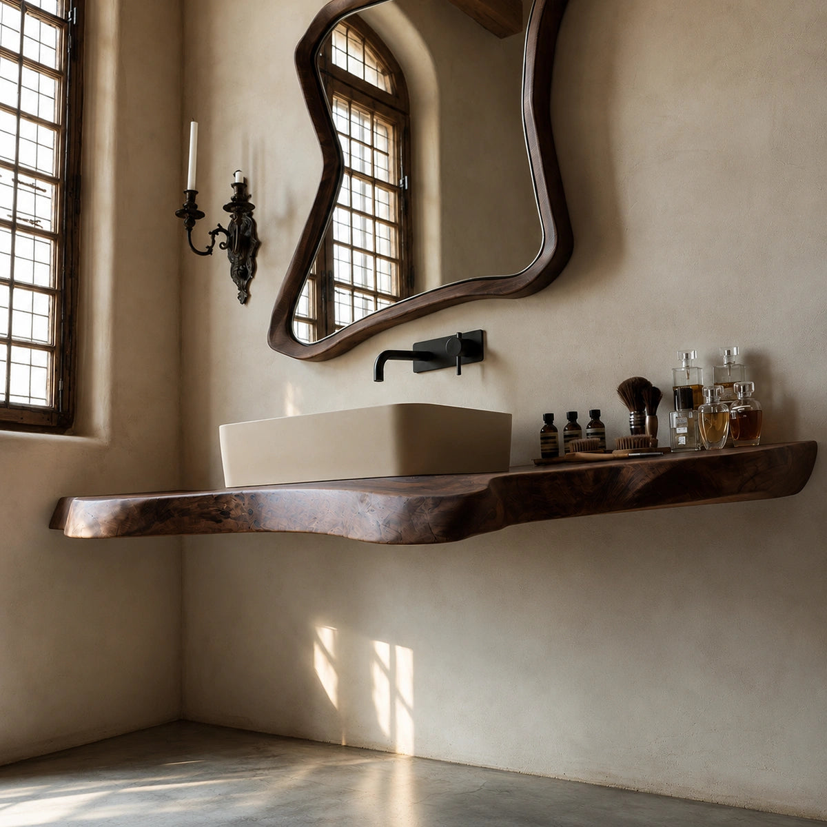 Natural Solid Wood Floating Bathroom Vanity with Sculptural Live Edge