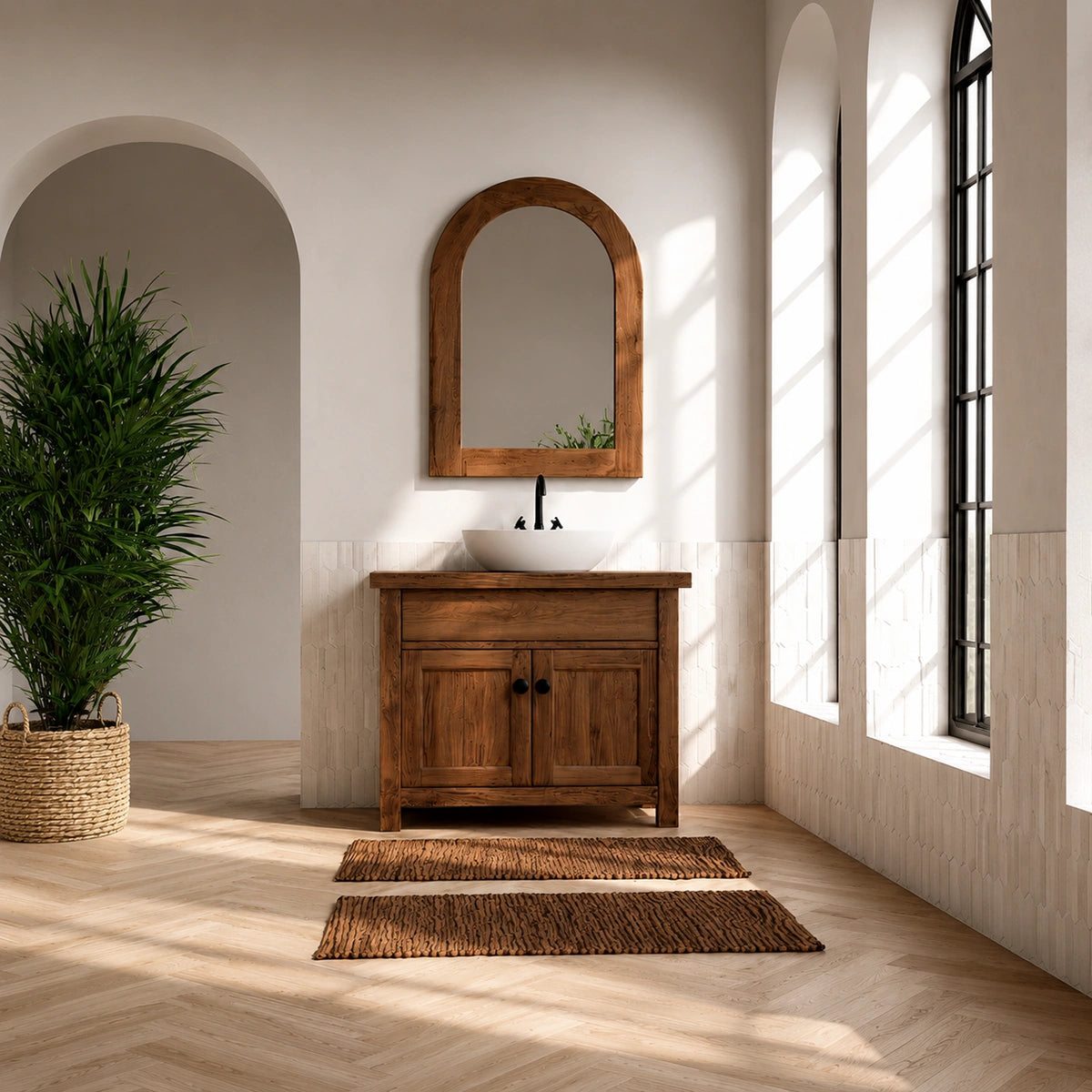 Natural Solid Wood Bathroom Vanity with Drawer and 2 Doors – Rustic Style