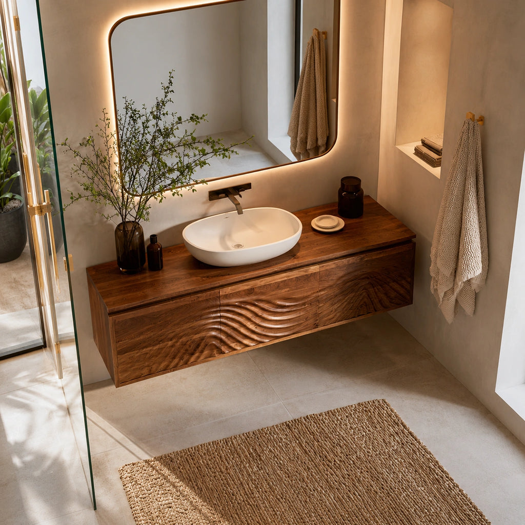 Natural Solid Wood Bathroom Cabinet – Wave Front Modern Style
