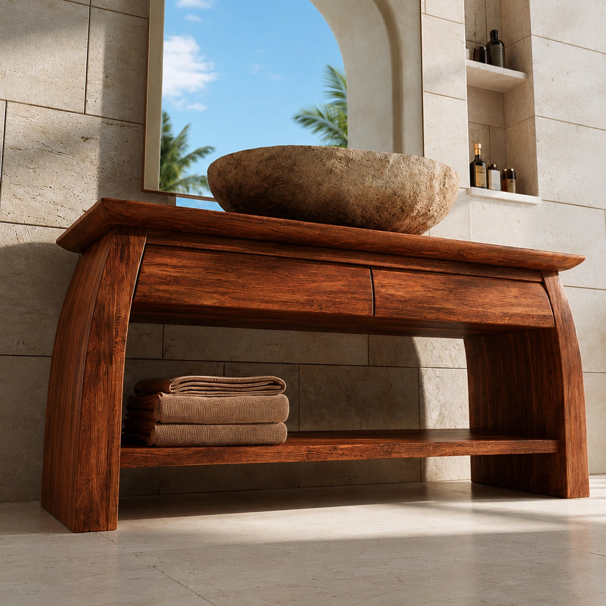 Natural Solid Wood Double Bathroom Vanity with 2 Drawers and Open Shelf
