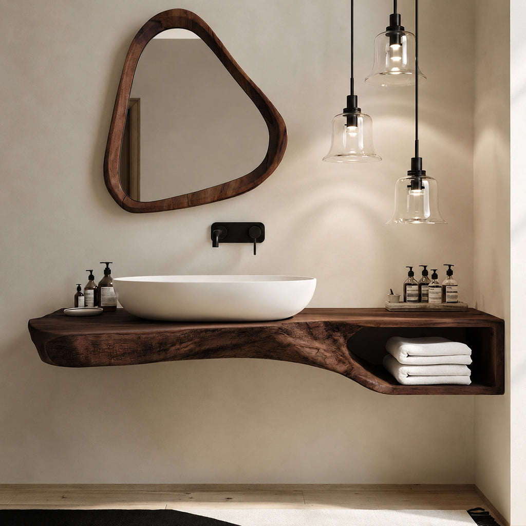Natural Solid Wood Floating Bathroom Vanity with Open Towel Shelf