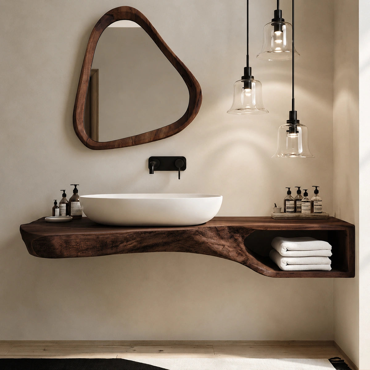 Natural Solid Wood Floating Bathroom Vanity with Open Towel Shelf
