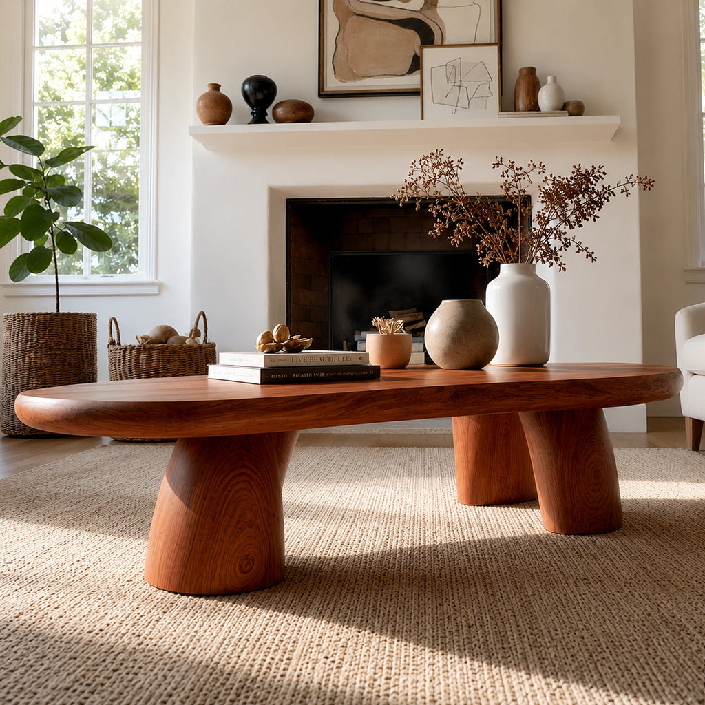 Natural Solid Wood Oval Coffee Table with Four Sculptural Legs