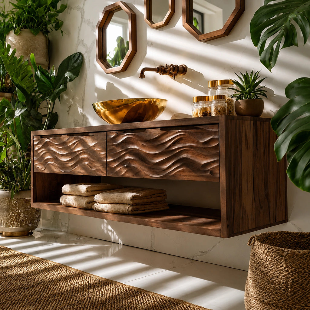 Natural Solid Wood Floating Bathroom Vanity with 2 Drawers and Open Shelf