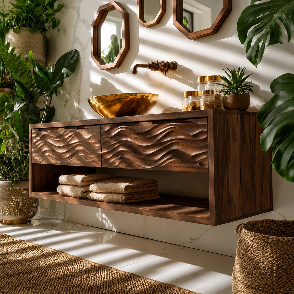 Natural Solid Wood Floating Bathroom Vanity with 2 Drawers and Open Shelf