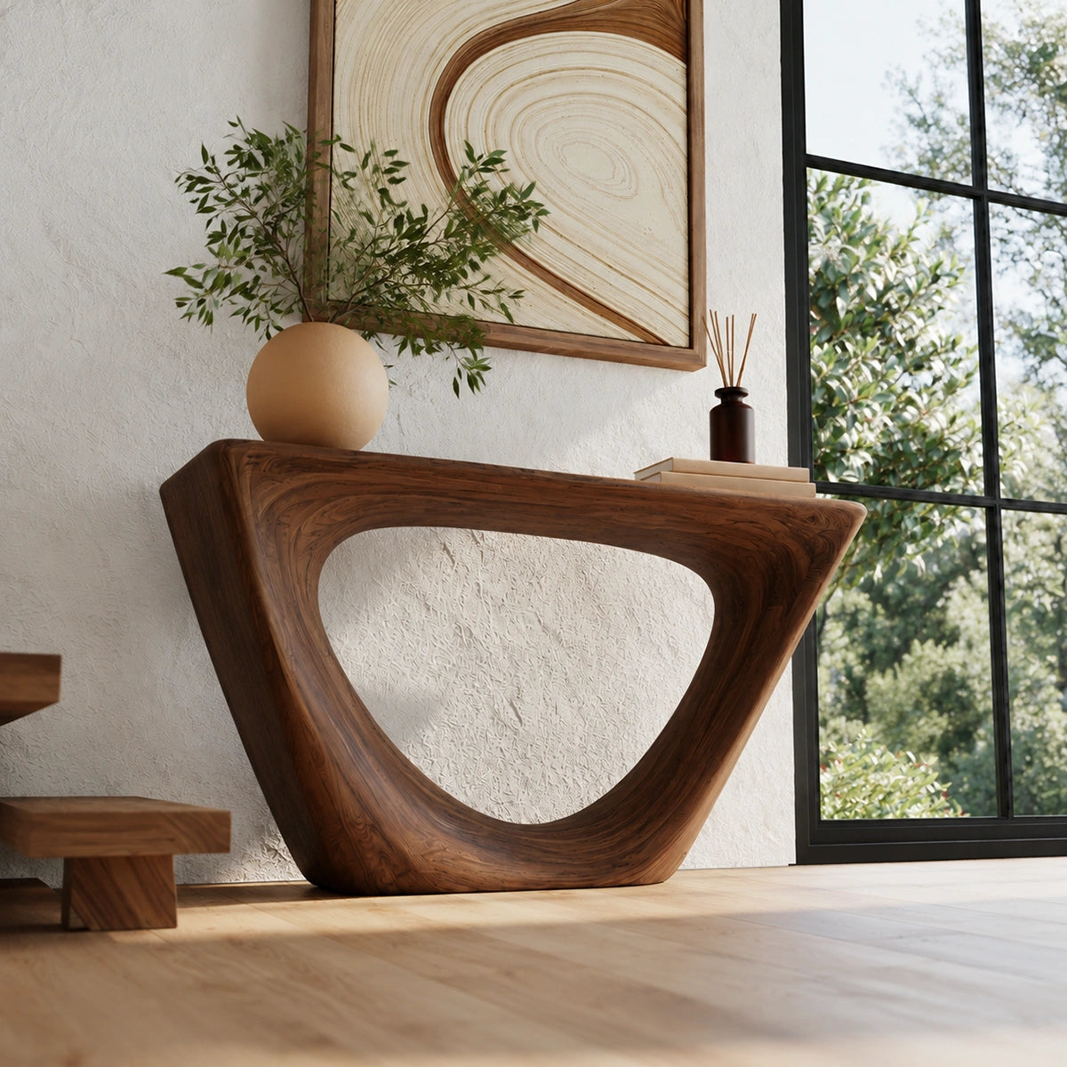 Sculptural Natural Solid Wood Console Table with Open Geometric Base