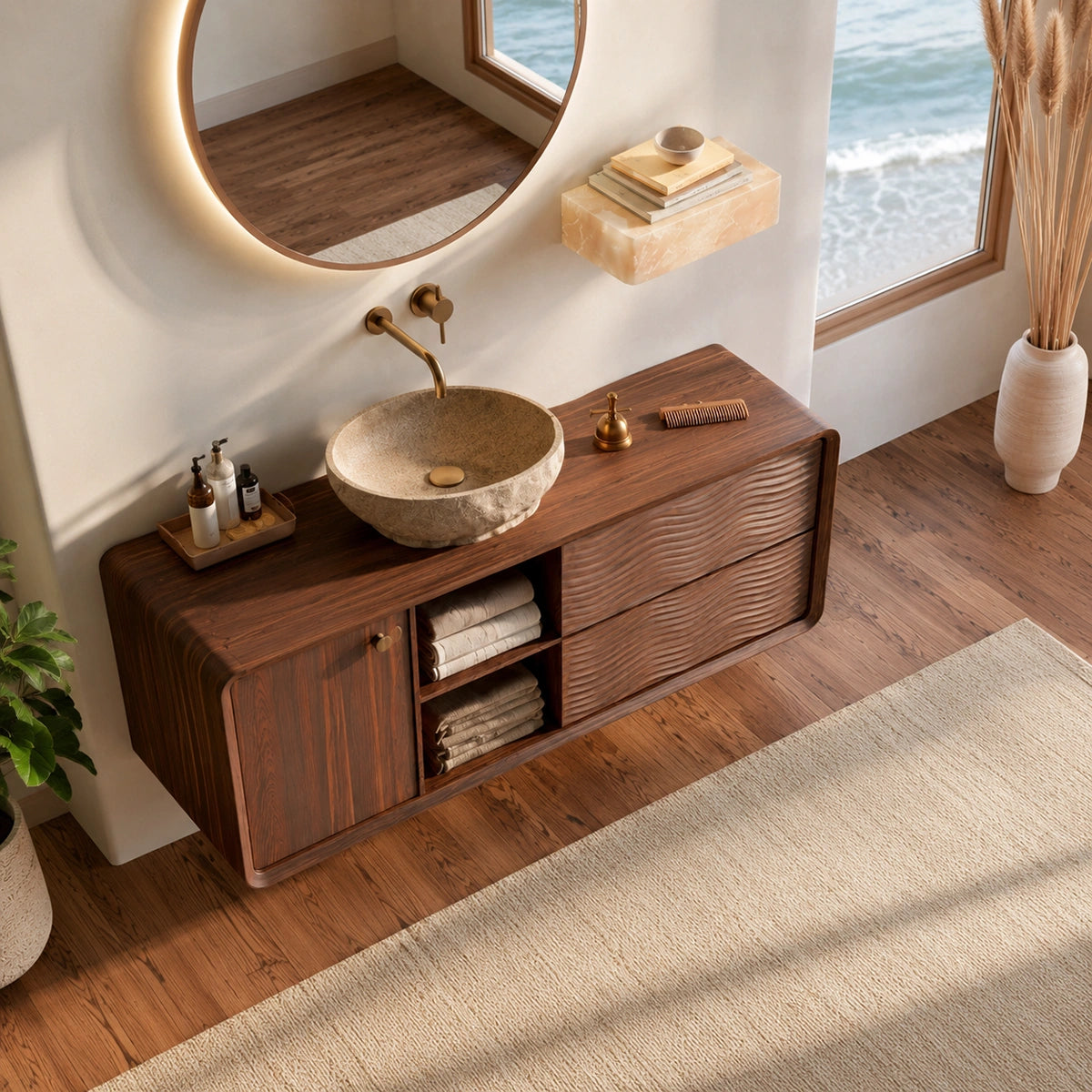 Natural Solid Wood Floating Bathroom Vanity with Door, Shelves and 2 Drawers