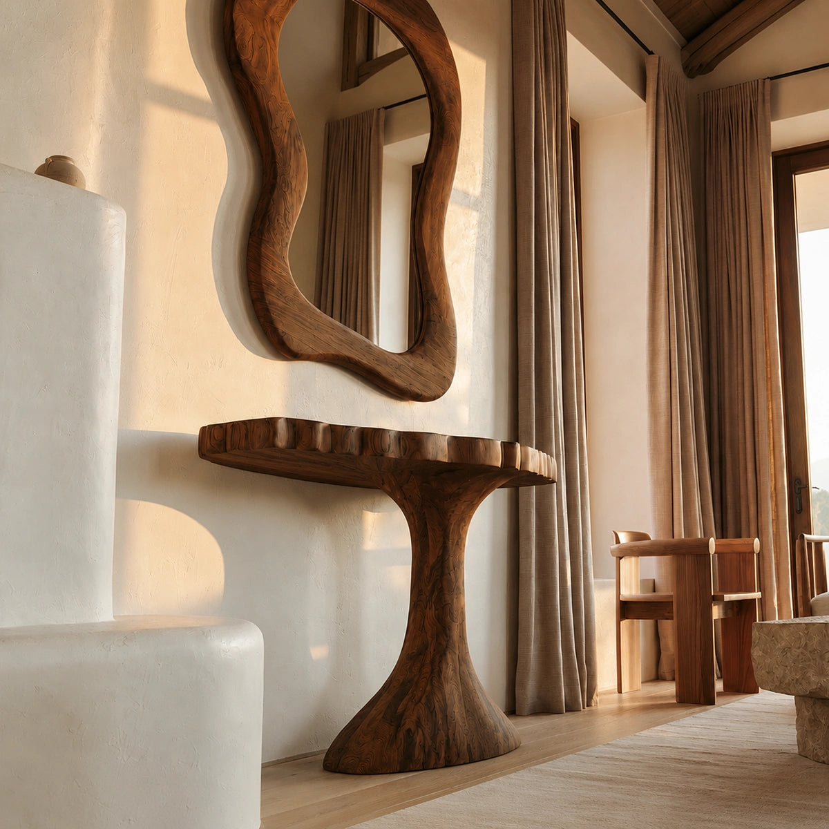 Pedestal Natural Solid Wood Console Table with Sculpted Edge