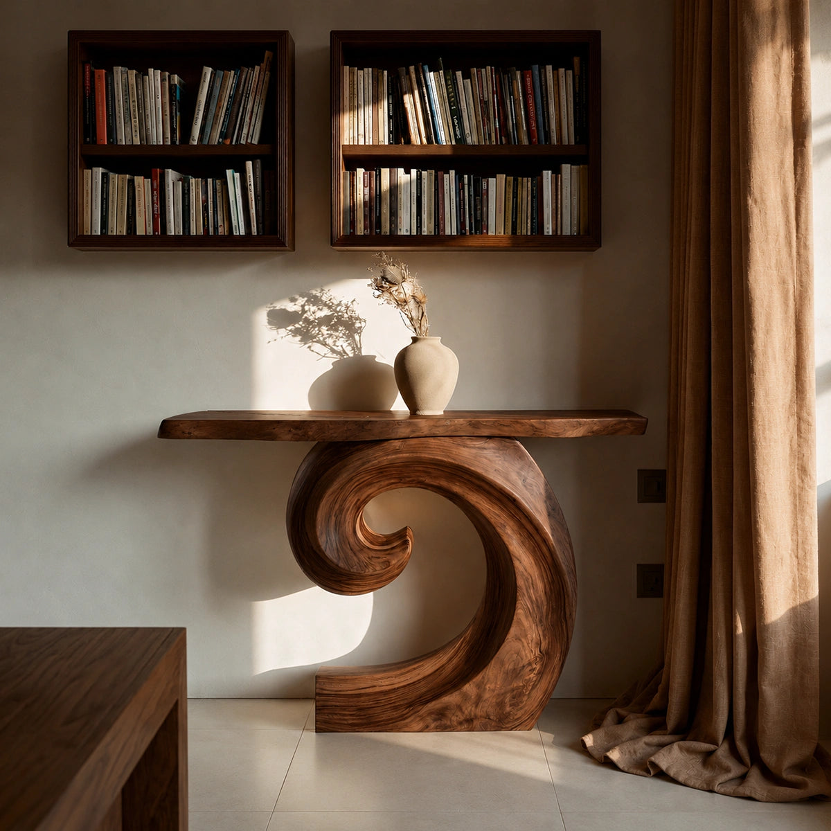 Spiral Base Natural Solid Wood Console Table for Modern Interiors