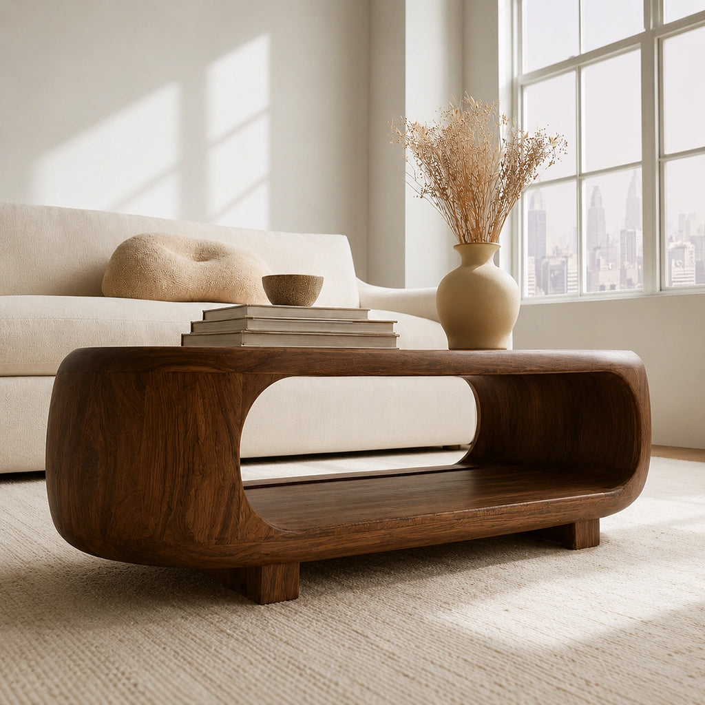 Natural Solid Wood Coffee Table – Rounded Japandi Modern Style