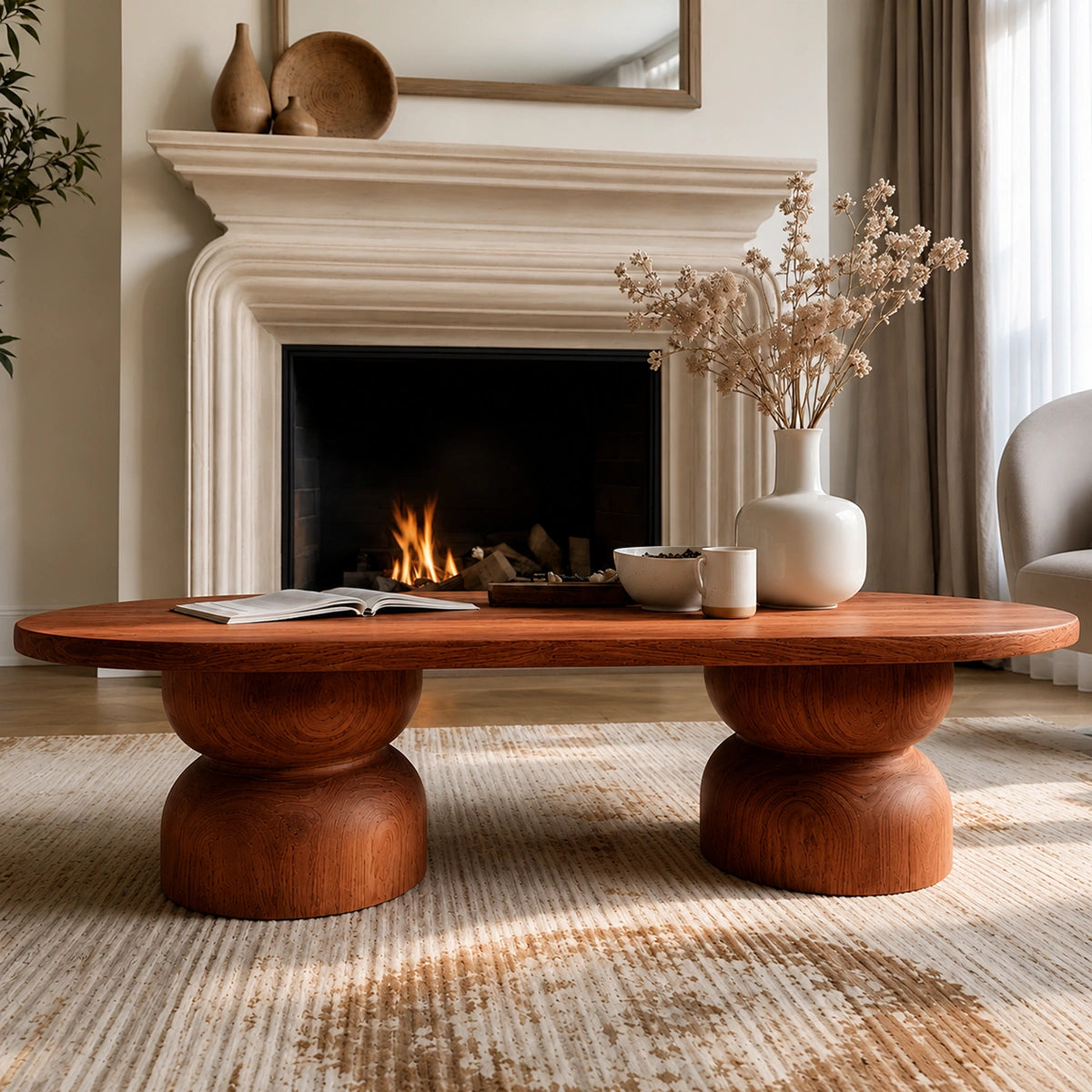 Natural Solid Wood Oval Coffee Table with Sculptural Hourglass Pedestal Legs