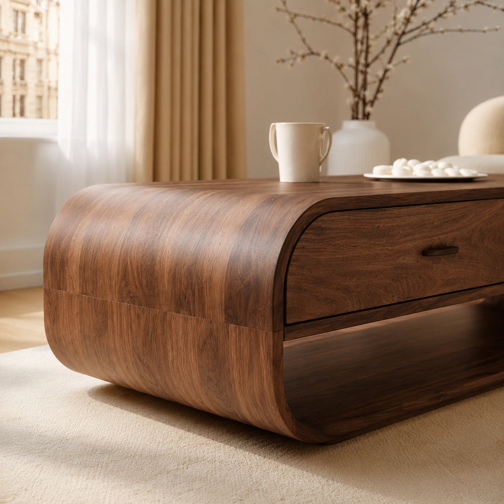 Natural Solid Wood Coffee Table with 2 Drawers – Rounded Modern Style