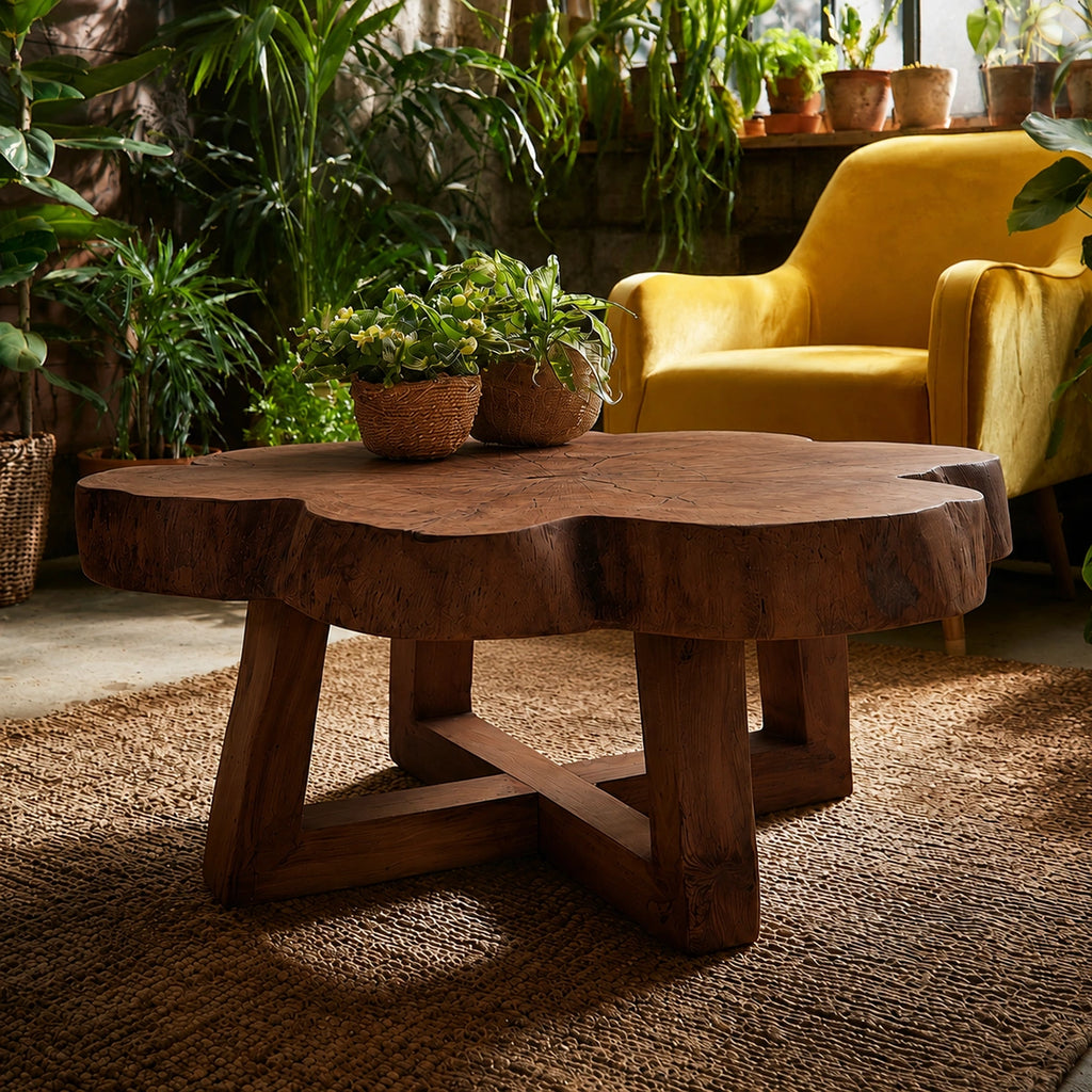 Natural Solid Wood Coffee Table with Organic Live Edge Top and Cross Base