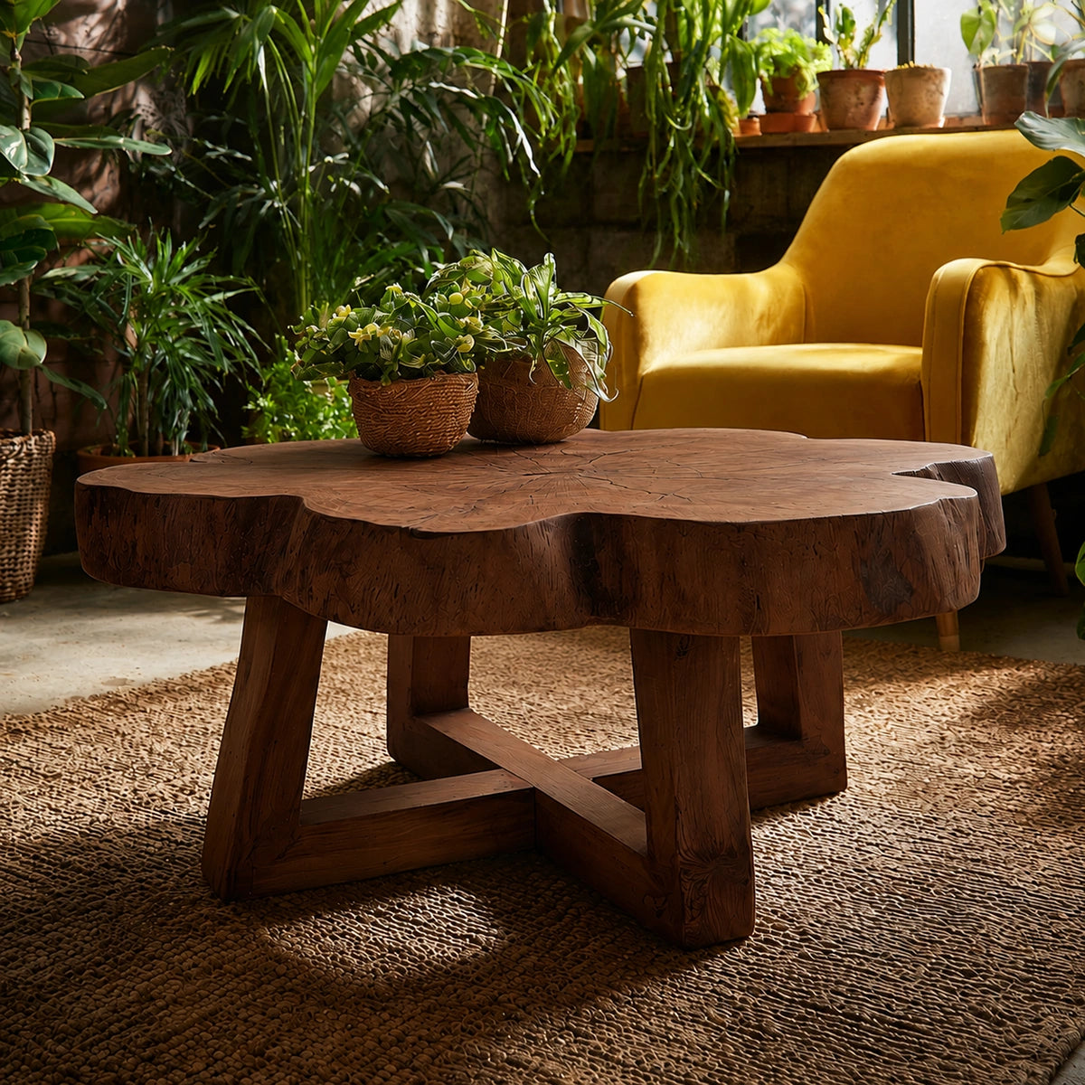 Natural Solid Wood Coffee Table with Organic Live Edge Top and Cross Base