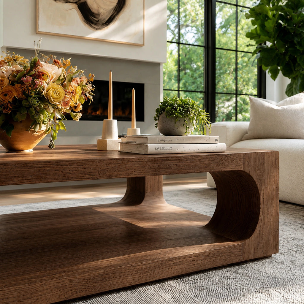 Natural Solid Wood Coffee Table with Open Shelf – Modern Style