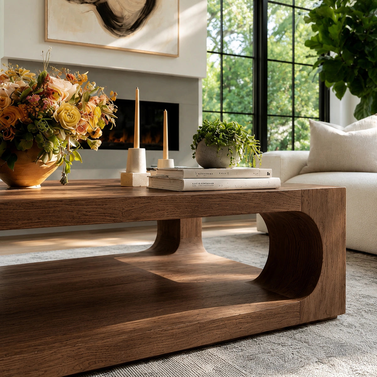 Natural Solid Wood Coffee Table with Open Shelf – Modern Style