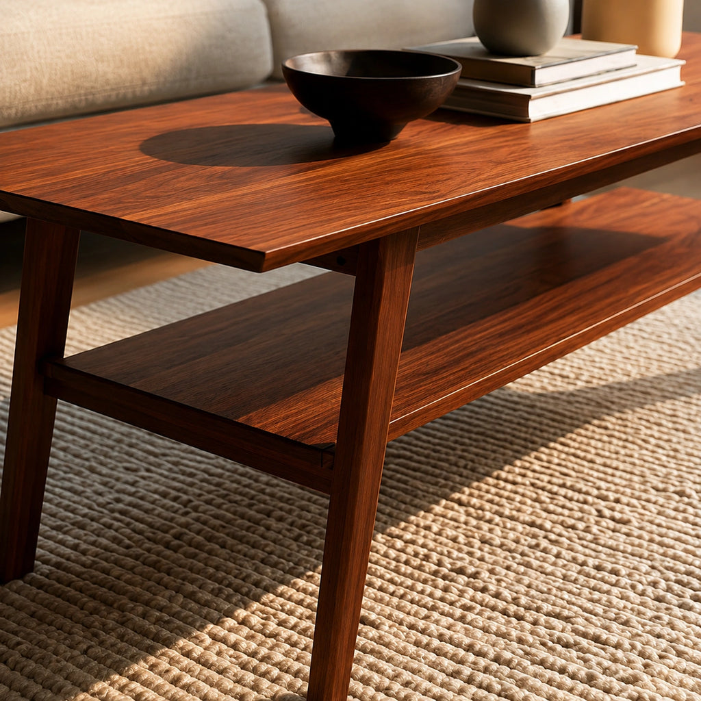 Natural Solid Wood Coffee Table with Lower Shelf and Tapered Legs
