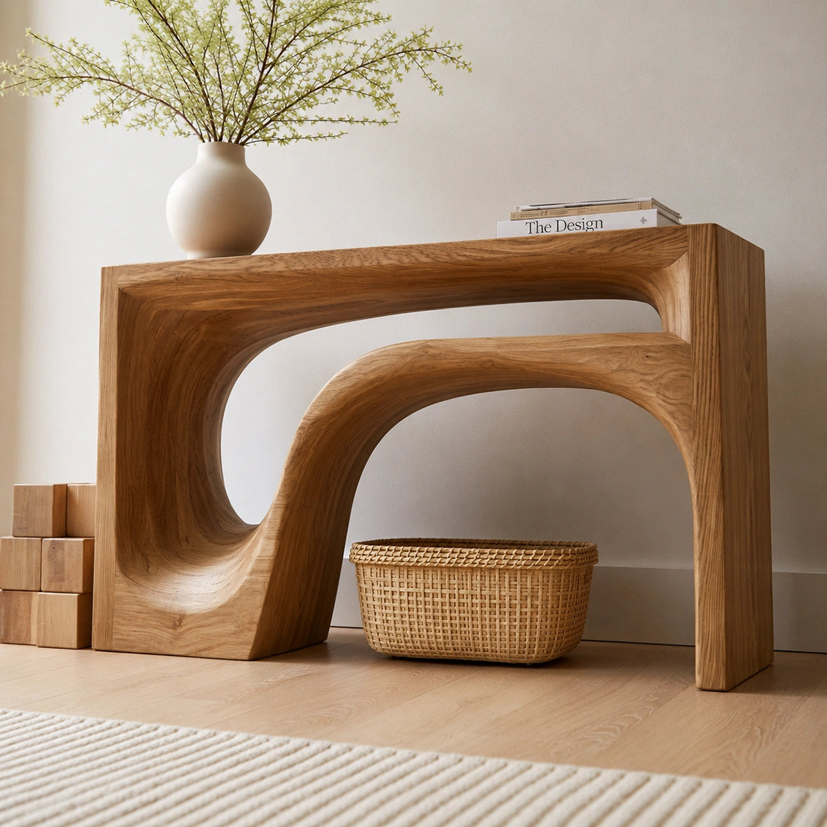 Flow Arch Natural Solid Wood Console Table with Open Storage Shelf