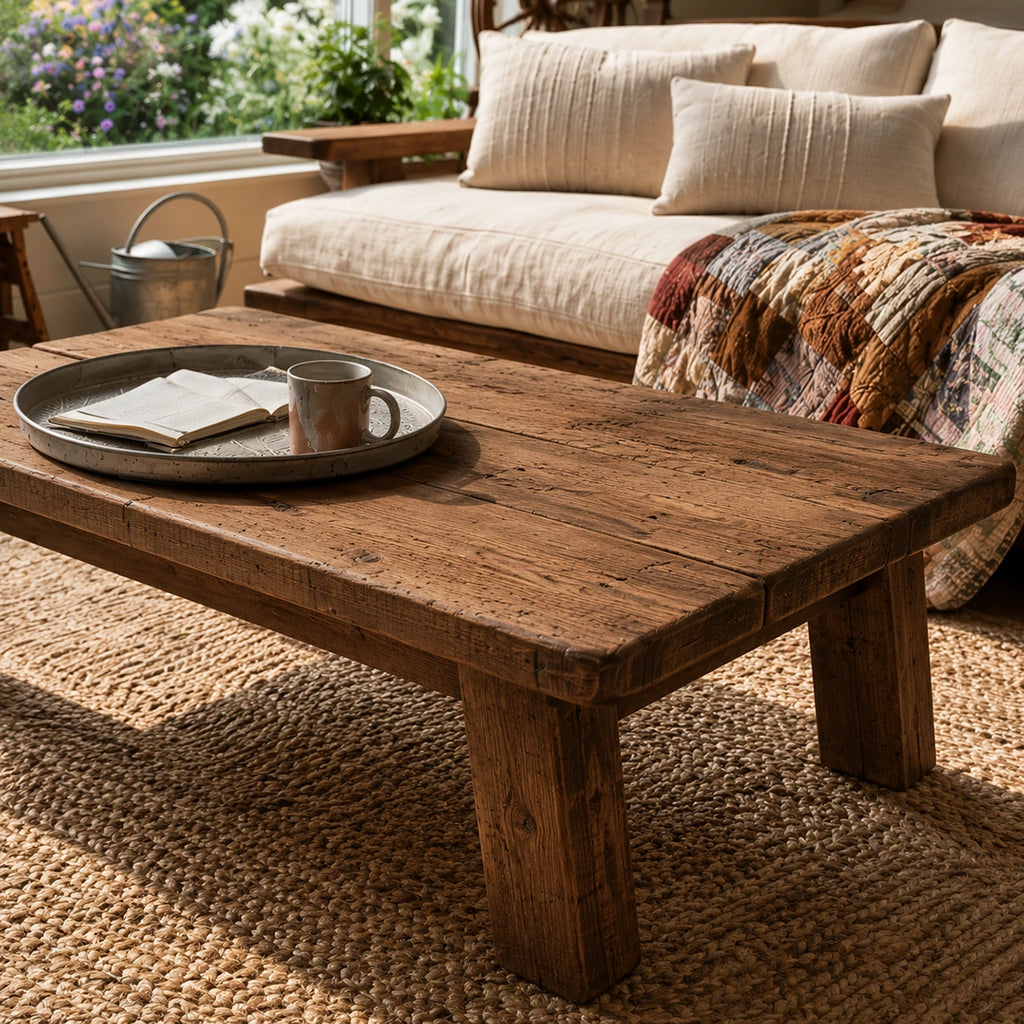Natural Solid Wood Coffee Table – Rustic Farmhouse Style
