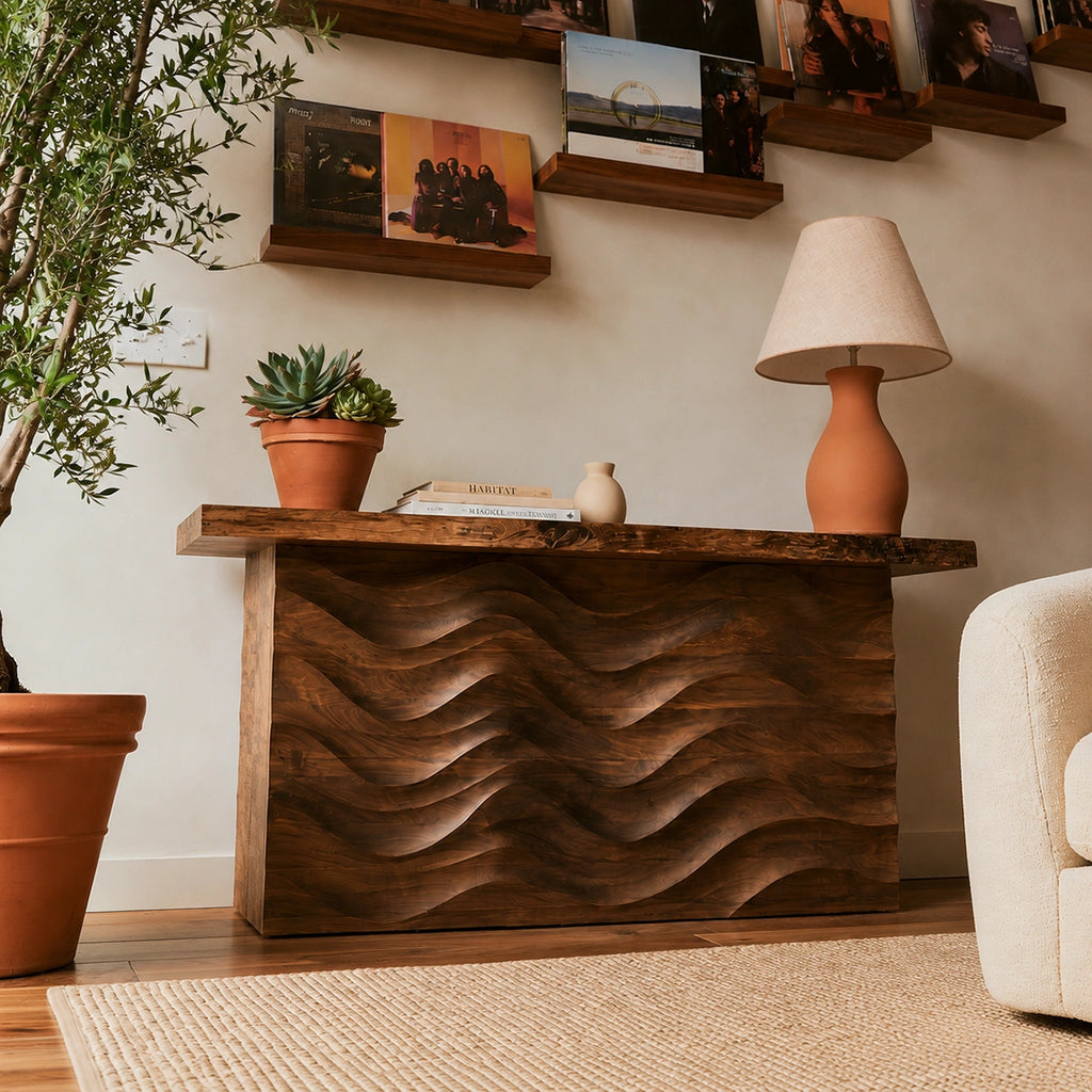 Wave Front Natural Solid Wood Sideboard Cabinet with Concealed Storage