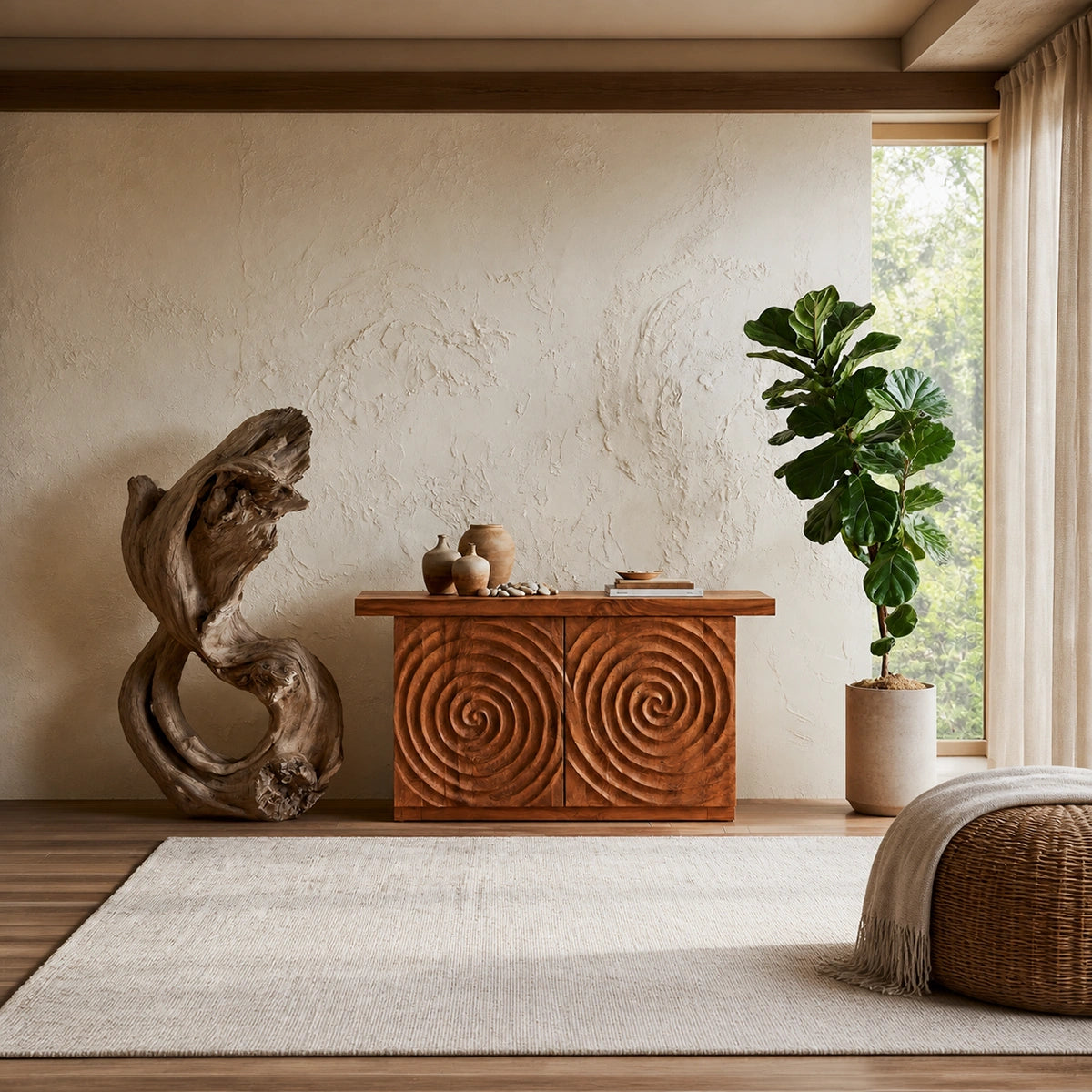 Spiral Carved Natural Solid Wood Sideboard Cabinet with Concealed Storage