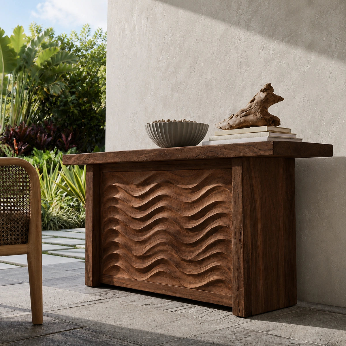 Wave Front Natural Solid Wood Sideboard Cabinet with Hidden Storage