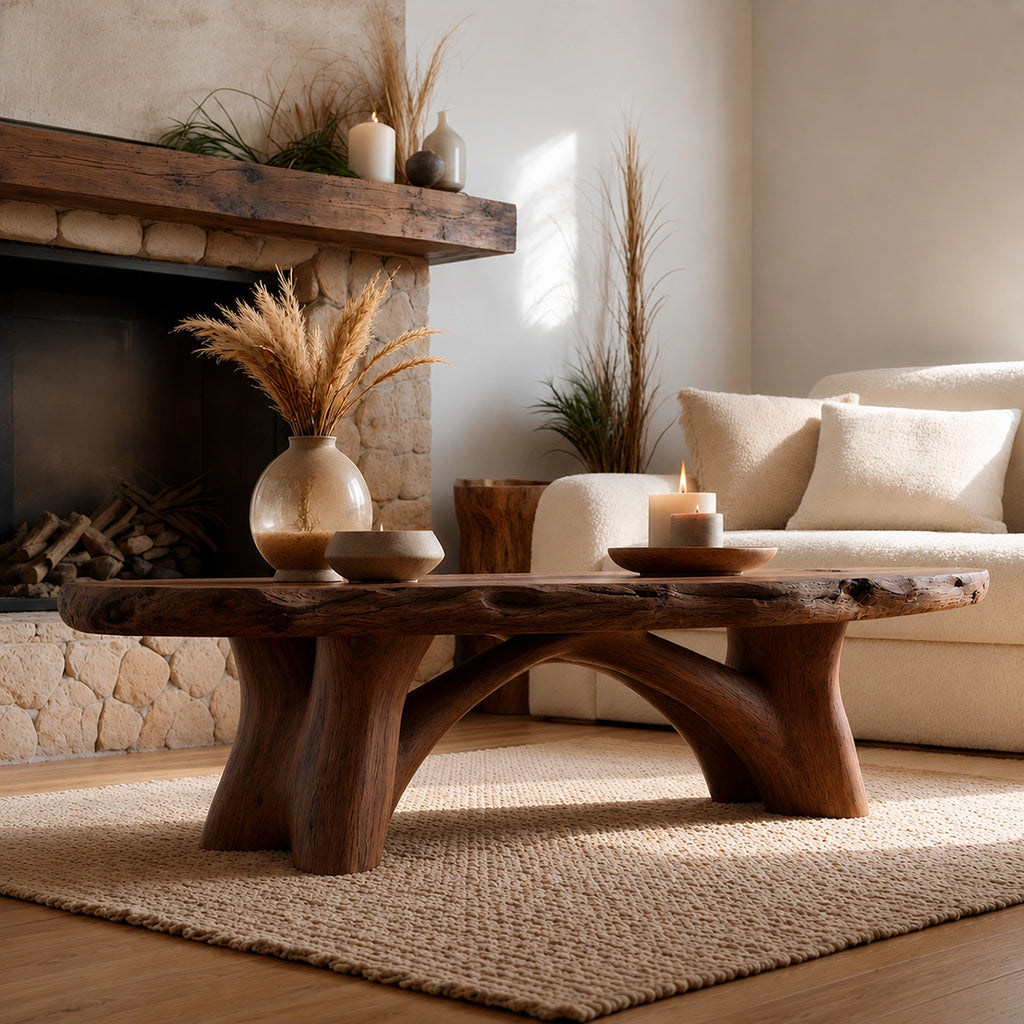 Natural Solid Wood Live Edge Coffee Table with Sculptural Branch Base
