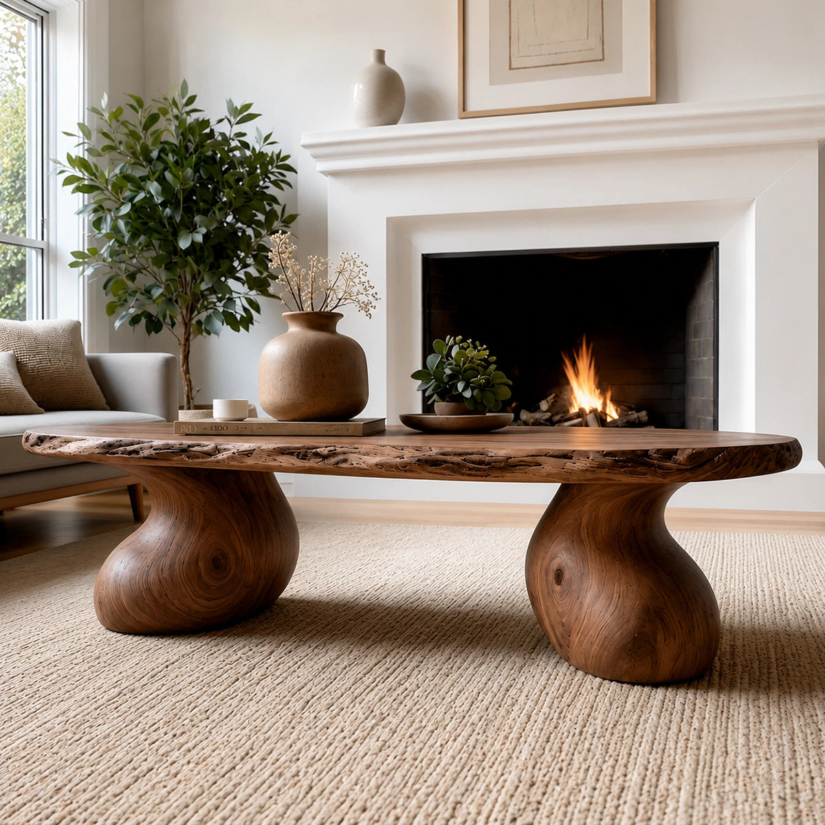 Natural Solid Wood Live Edge Coffee Table with Sculptural Curved Pedestal Legs