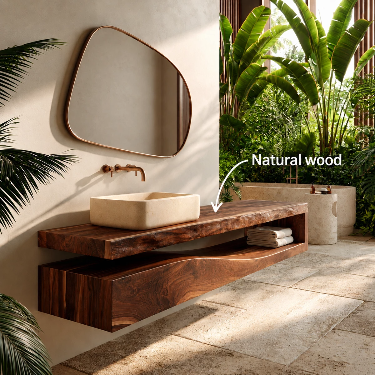 Natural Solid Wood Floating Bathroom Vanity with Sculptural Wave Storage