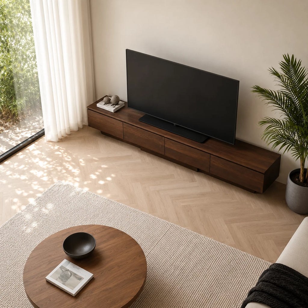Floating Look Natural Solid Wood TV Stand with Four Door Storage Design