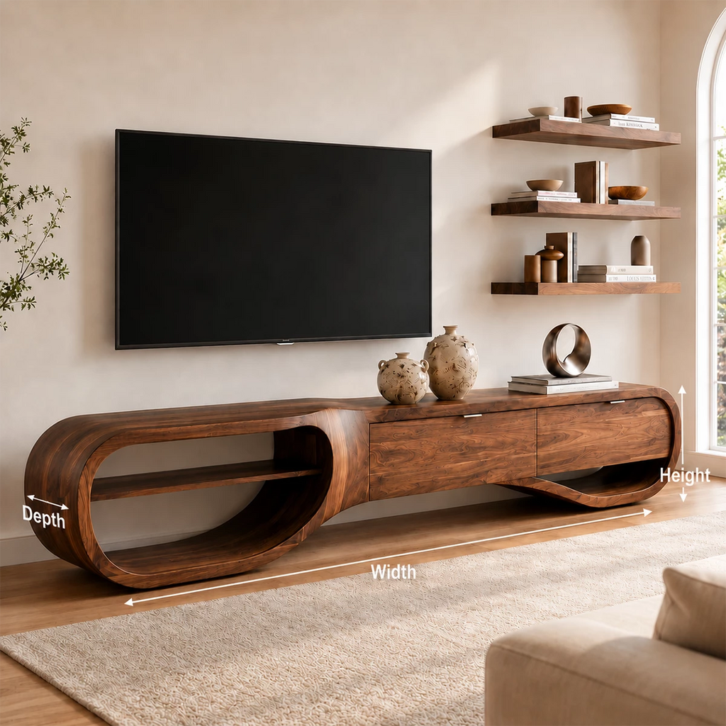 Natural Solid Wood TV Stand with Three Drawers and Sculptural Loop Shelves