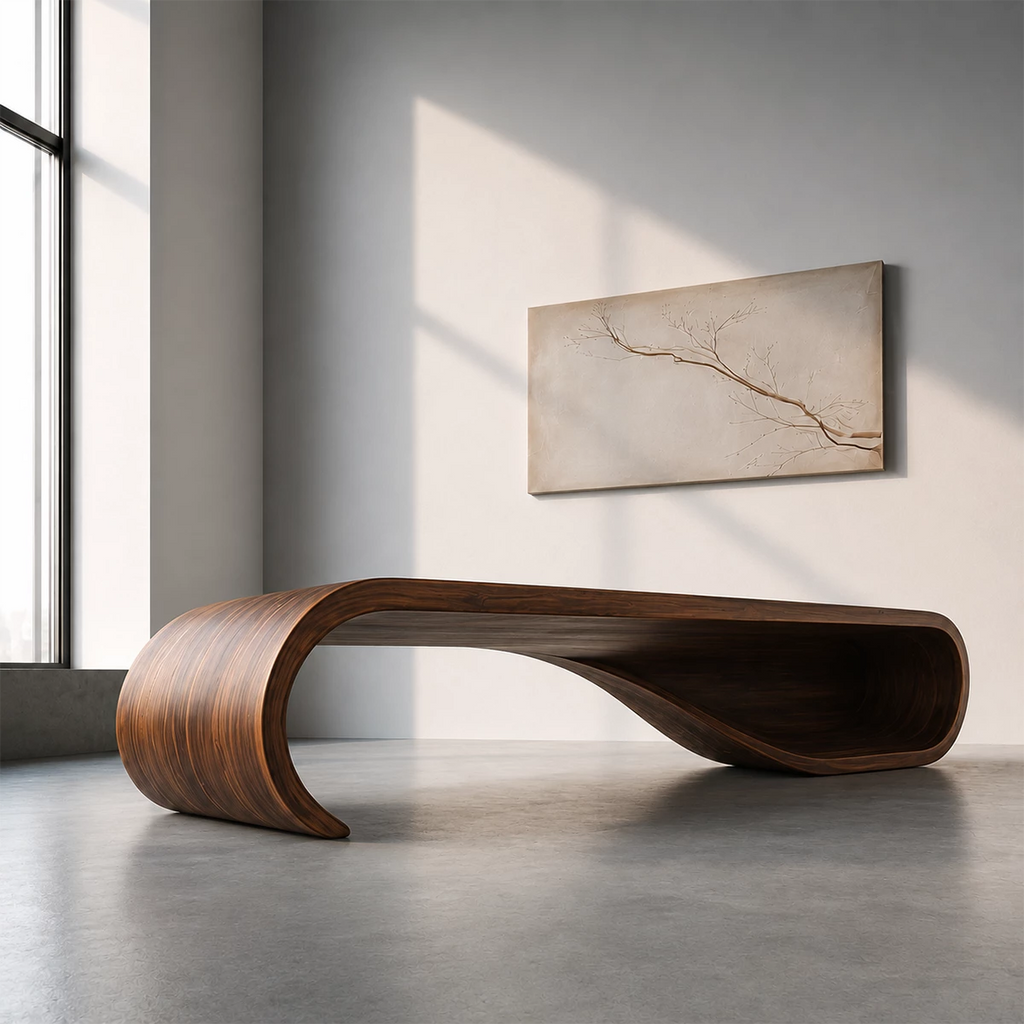 Curved Wood Bench – Natural Oak Bench for Modern Entryway and Minimal Interior