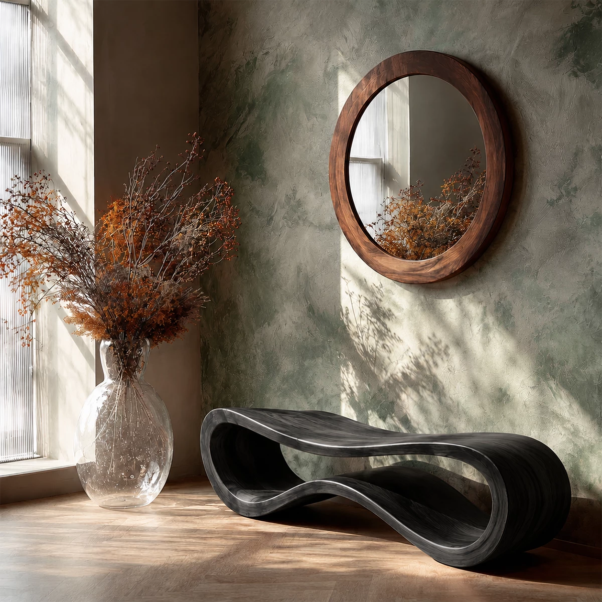 Sculptural Wave Wood Bench – Organic Natural Wood Entryway Bench for Modern Interiors