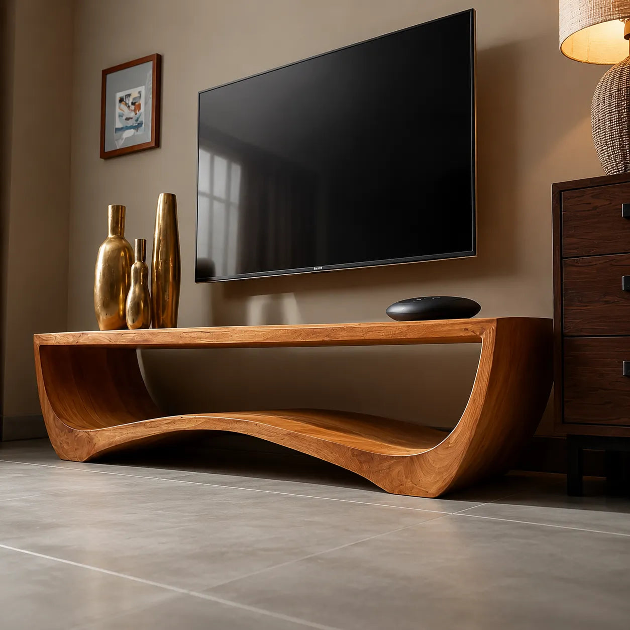 Sculptural Natural Solid Wood Wave TV Stand for Modern Living Rooms
